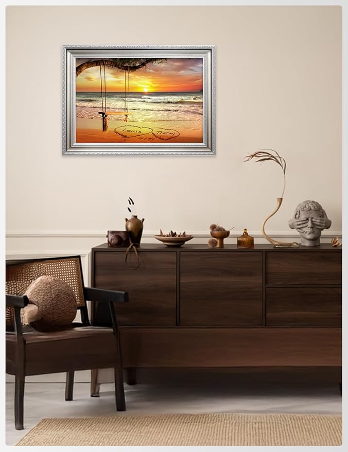 IPIC - "Eternal Love Personalized Canvas Wall Art, Custom Beach Sunset Scene with Solid Wood Frame, A Personalized Gift with Name and Date for Couple, Wedding, or Anniversary