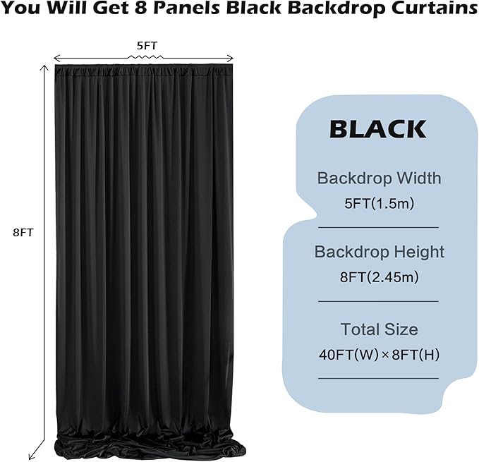 40ftx8ft Wrinkle Free Black Backdrop Curtains for Parties, 8 Panels 5×8ft Soft Silky Polyester Drapes for Backdrop Decor Party Graduation Halloween Wedding Photo Photograhy Stage Background Curtain