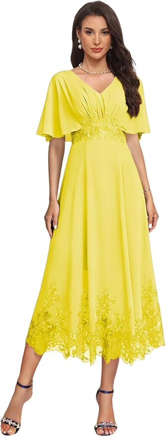 Tea Length Mother of The Bride Dress with Sleeves Laces Formal Evening Gowns for Wedding V Neck Wedding Guest Gown ZMX37