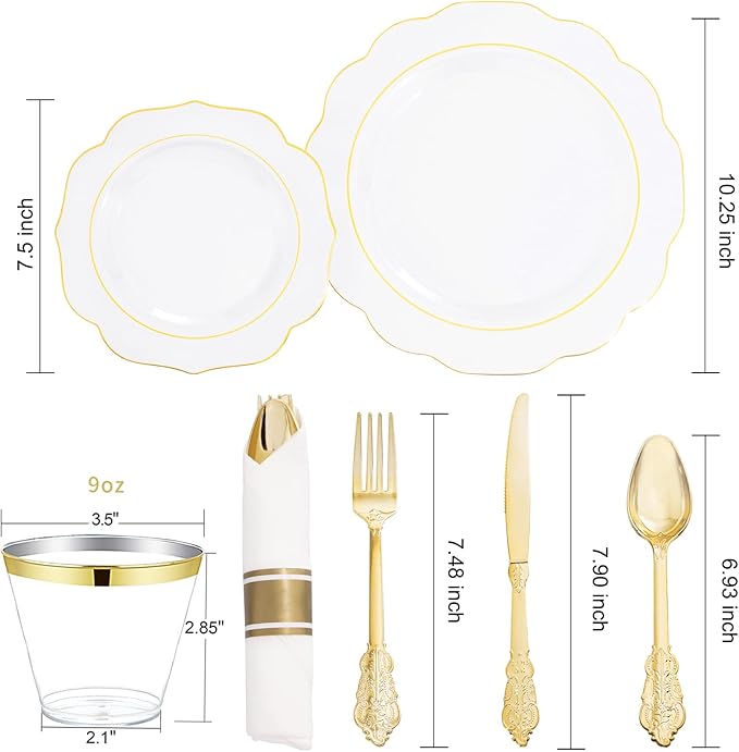 NOCCUR 50Guest Gold Rim Clear Plastic Plates&Disposable Silverware Cups-Include 100Plastic Plates, 150Gold Utensils, 50Cups and 50Napkins-Idea for Wedding/Party