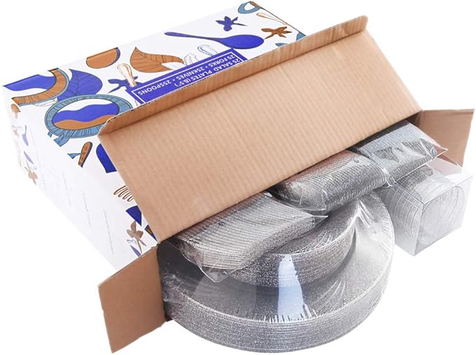 WDF 150pcs Silver Plastic Plates Disposable - Winter Wonderland Party Decorations include 50 Dinner And Salad Plates,25 Forks, 25 Knives, 25 Spoons& 10oz Plastic Cups