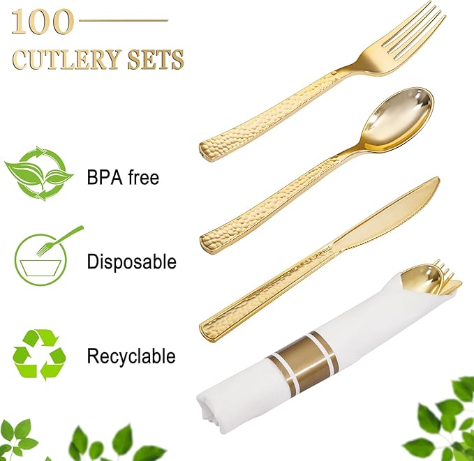 Nervure 400PCS Pre Rolled Gold Plastic Silverware Sets - Heavy Duty Hammered Gold Cutlery Include 100 Pack Wrapped Disposable Utensils with Napkins for Parties, Dinners & Weddings