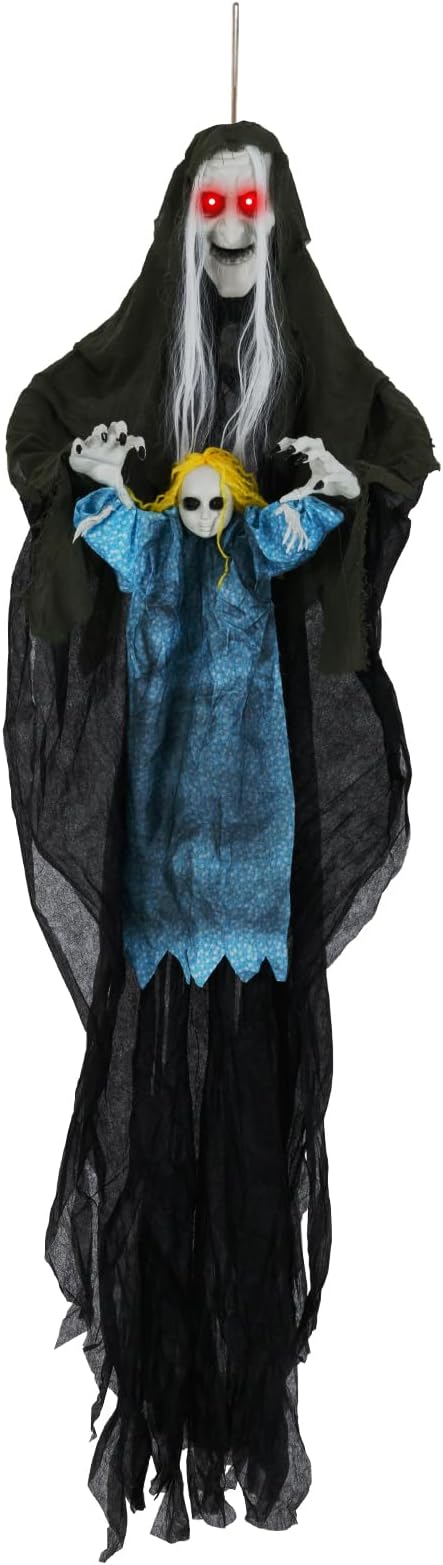 BECOMFORT 6.1 FT Hanging Animatronic Halloween Decoration, Sound-Activated Hanging Witch with Spooky Sounds, Glowing Eyes & Bending Arms, Animated Halloween Props for Indoor & Outdoor