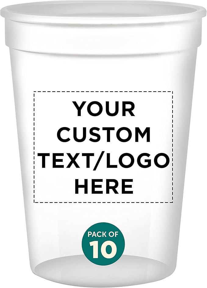 Custom Disposable Plastic Cups 12 oz. Set of 10, Personalized Bulk Pack - Perfect for Summer, Sporting Events, Birthdays, Weddings, Picnic, Beach, Parties - Clear
