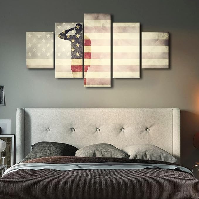 TISHIRON Native American Flag Decor Military Posters and Prints on Canvas Saluting Soldier Paintings 5 Panel Wall Art Artwork Pictures Artwork Home Decor for Living Room Framed Ready to Hang 60x32 in