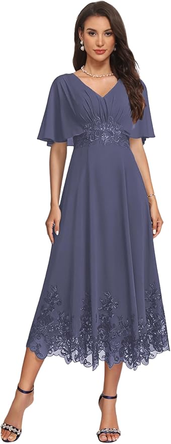 Tea Length Mother of The Bride Dress with Sleeves Laces Formal Evening Gowns for Wedding V Neck Wedding Guest Gown ZMX37