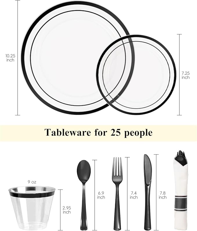 Goodluck 175 Piece Black Plastic Plates, Clear Plastic Silverware Disposable Plates Set, Include 50Plates, 25Pack Pre Rolled Napkins with Silverware, 25Cups for Party, Wedding, Graduation