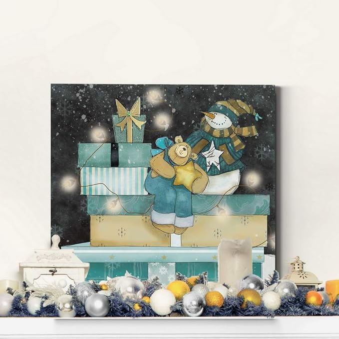 Renditions Gallery Snowman and Teddy Bear (1) Wall Art, Christmas & Winter Decor, Cute Pile of Presents, Premium Gallery Wrapped Canvas, Ready to Hang, 40 in H x 40 in W, Made in America