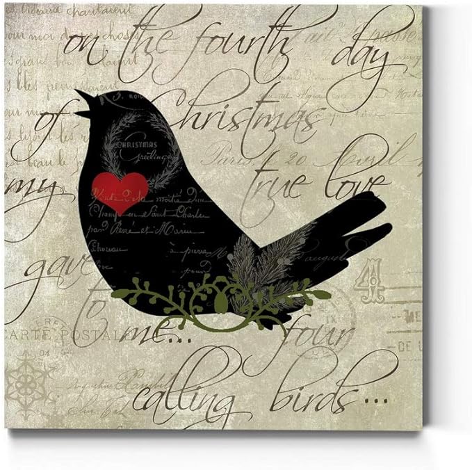 Renditions Gallery Twelve Days of Christmas Wall Art, Four Calling Birds, Cute Winter Artwork, Holiday Song Decor, Premium Gallery Wrapped Canvas, Ready to Hang, 24 in H x 24 in W, Made in America