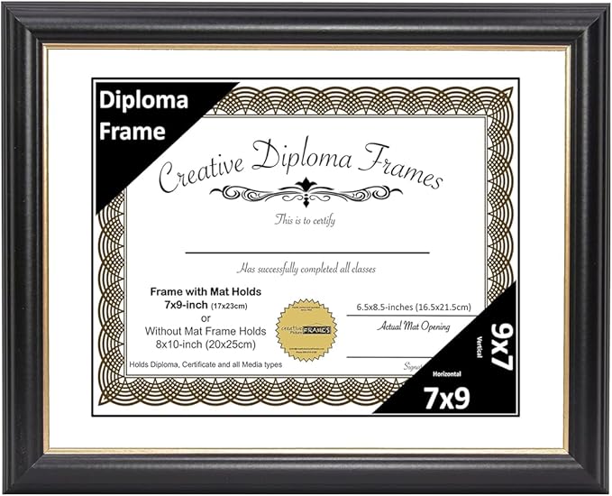 Creative Picture Frames 7" x 9" Rockefeller Black with Gold Rim Diploma Frame, Displays 7" x 9" Certificate or 8" x 10" Document without Mat, College Degree Frame, Full-Strength Glass, White Mat