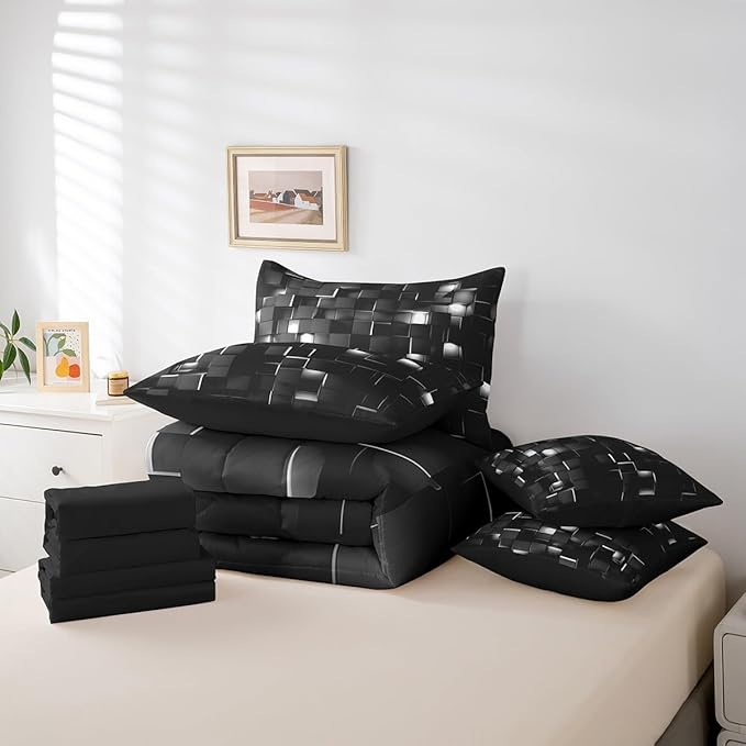 Feelyou Grey and Black Bedding Set Full Size Kids Light Geometric Comforter Set with Sheets 7 Piece Bed in a Bag forModern Bed Set with Comforter,Sheets,Pillowcases,Cushion Covers