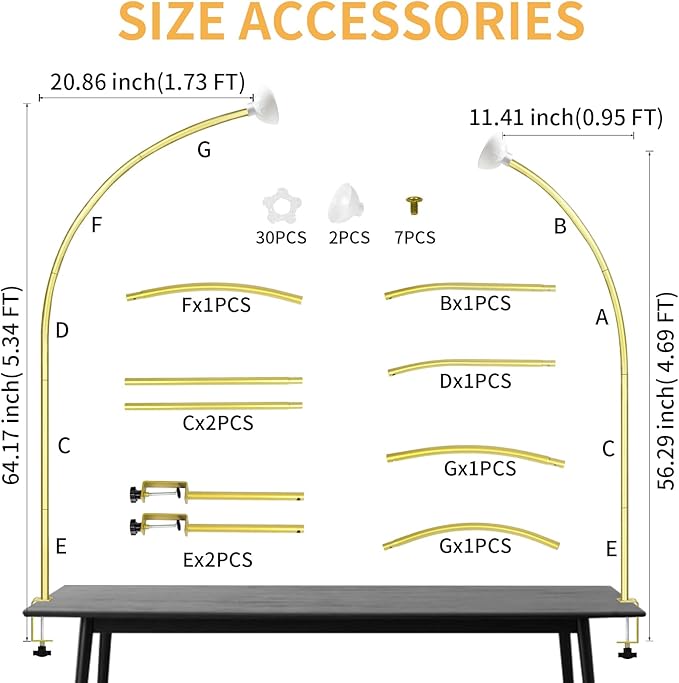 Metal Balloon Arch Kit for Tabletop, 5.3Ft & 4.7Ft Over The Table Rod Stand with Clamps and Half Arch Balloon Stand for Garden Wedding, Birthday, Baby Shower, Christmas, Halloween Decorations, Gold