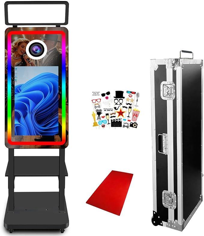 Latest Style Portable Magic Mirror Photo Booth, 21.5inch Touch Screen Selfie Mirror Photobooth Machine with Square Lamp, Built-in Mini PC, for Weddings, Parties (Black, Without Camera Printer)