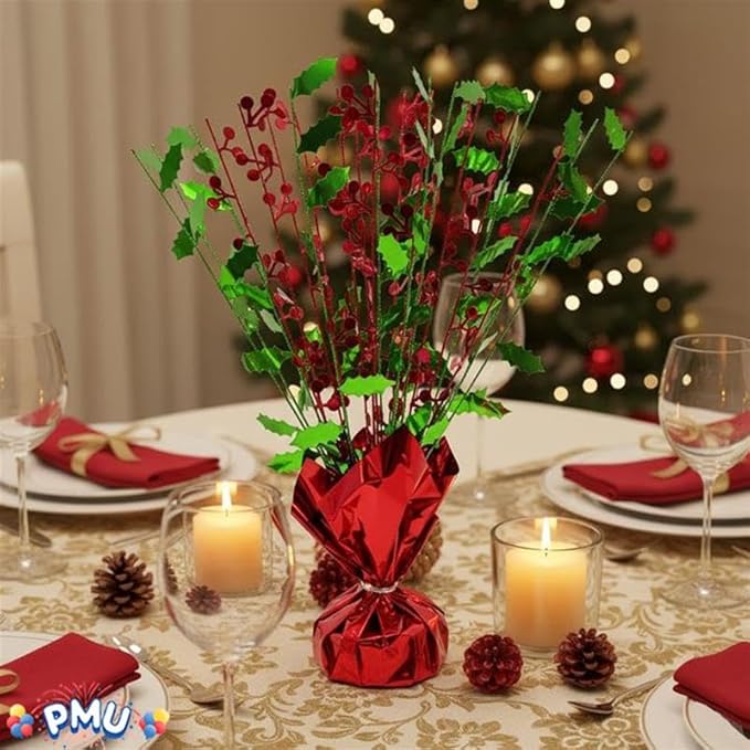PMU 12Pc Christmas Bursting Holly Berry Centerpiece For Table Decor, Table Balloon Weights for Theme Party Decorations Supplies Red & Green |15in