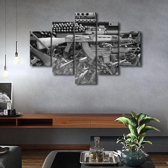 Large Modern Damaged Weapon Gun Black and White Wall Art Home Decor Canvas Painting for Living Room Prints and Poster HD Pictures Office Wall Decoration Stretched and Framed 5 Piece(60" Wx40 H)