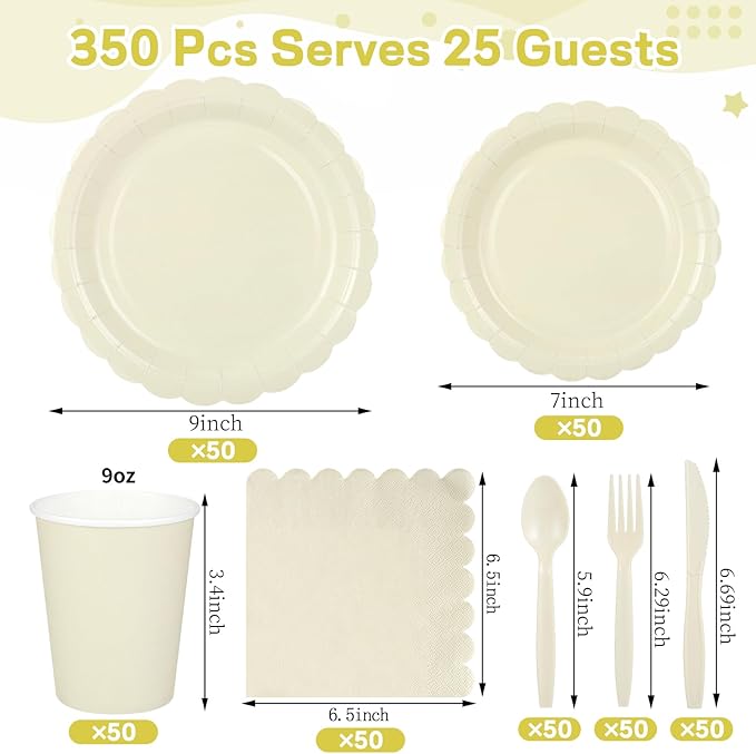 350 Pcs Ivory Dinnerware Sets, 9" Party Plates, 7" Cream Dessert Plate, 9oz Cups & Cutlery, 50 Guest Beige Scalloped Disposable Plates Set for Baby Bridal Shower, Wedding, Birthday