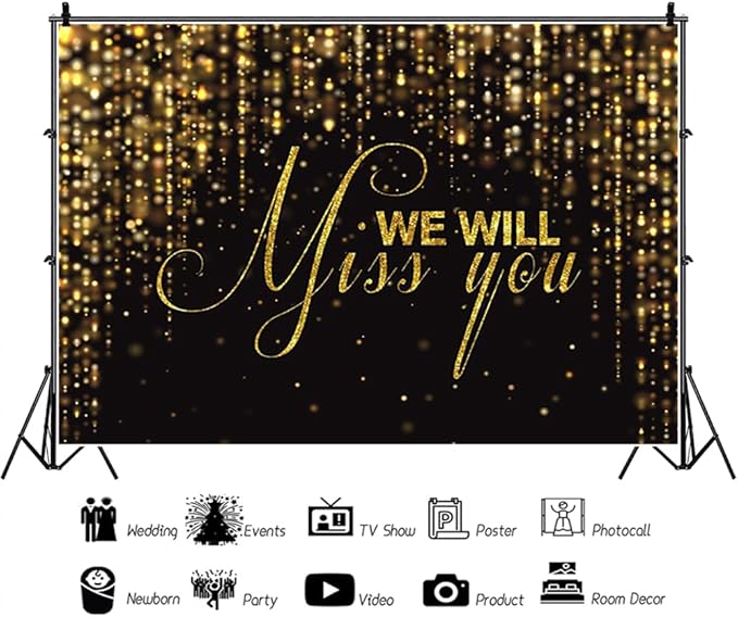 We Will Miss You Backdrop Banner 15x10ft Black Gold Going Away Party Photo Backdrop Background Men Women Goodbye Office Work Congrats Retirement Farewell Anniversary Graduation Party Decors