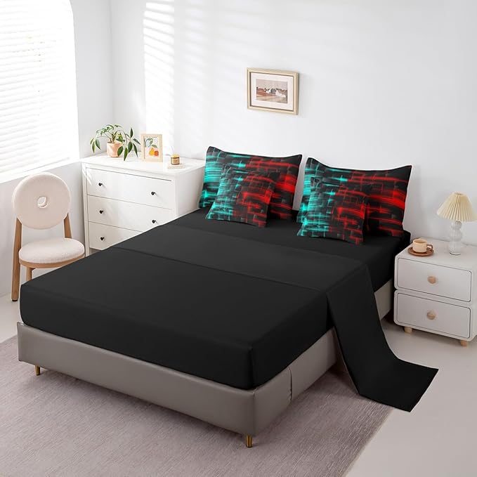 Feelyou Red and Blue Comforter Set with Sheets 7 Piece Full Size Kids Geometric Bed in a Bag Strip Lines Bedding Set Abstract Art Bed Set with Comforter, Sheets,Pillowcases,Cushion Covers