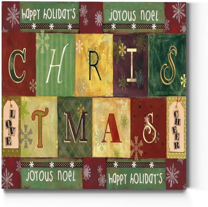 Renditions Gallery Christmas Word Art Wall Art, Cute Winter Decor, Colorful Wrapping Paper Like Designs, Snowflakes, Premium Gallery Wrapped Canvas, Ready to Hang, 40 in H x 40 in W, Made in America
