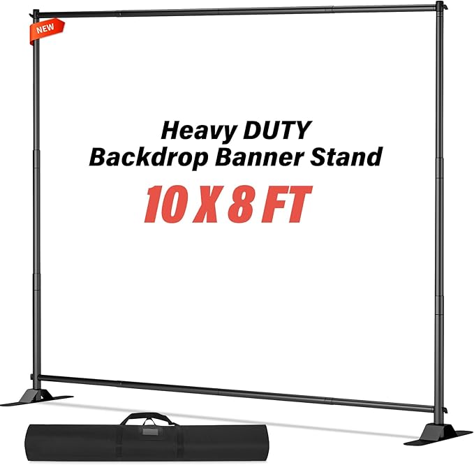 10 x 8 Backdrop Banner Stand with Extra Thick Tubing, Heavy Duty Adjustable Step and Repeat Stand for Photography, Portable Trade Show Banner Frame with Carring Bag