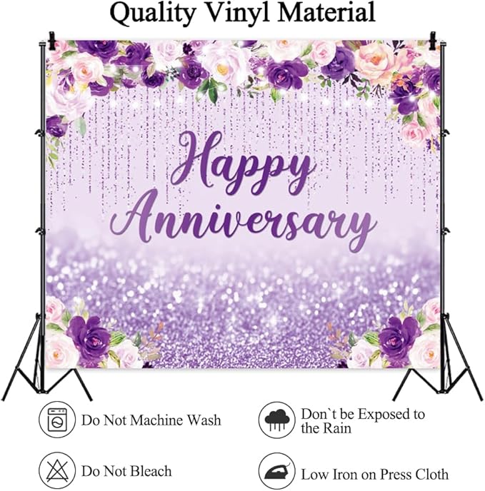 12x10ft Happy Anniversary Backdrop, Floral Glitter Backdrop for Women Wedding Anniversary Decoration Violet and Pink Flowers Photography Background Cake Table Banner Party Decor