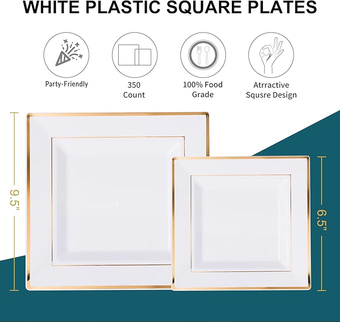 N9R 50 Guest Gold Dinnerware Set-100 White Square Plastic Plates with Gold Rim, 50 forks, 50 Spoons, 50 Knives, 50 Cups, 50 Napkins-Disposable Dinnerware Set for Wedding