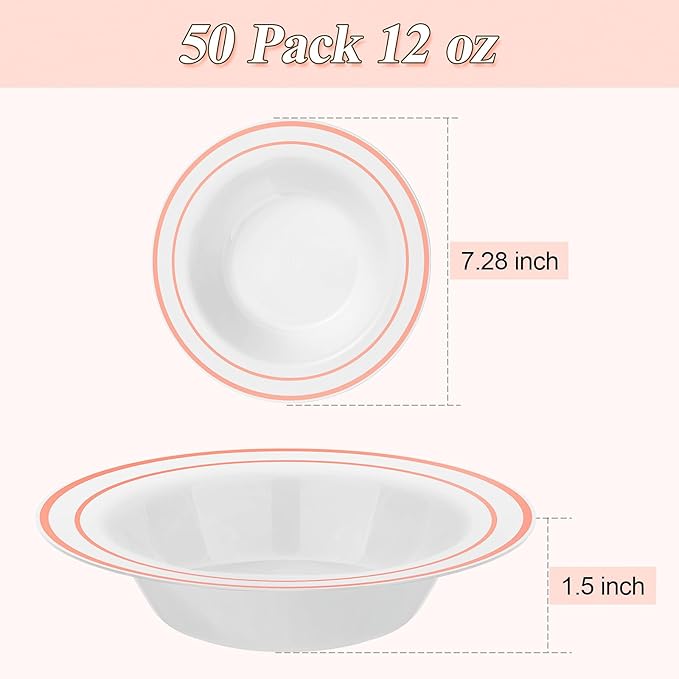 BESTSTAR 100 Pack Disposable Soup Bowls with Rose Gold Rim, 12oz Premium Heavy Duty Plastic Dinner Bowls for Party, Wedding and Holiday