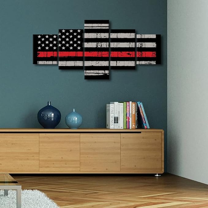 5 Panels American Flag Wall Art Pictures for Home Decor Black White and Red US Flag Painting on Canvas Poster Print Artwork Modern Framed Living Room Decorative Framed Ready to Hang 50" Wx24 H