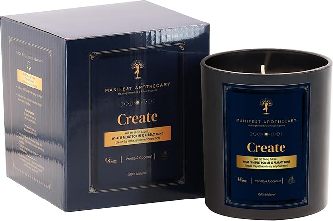 Create Aromatherapy Candle – Vanilla & Coconut Scent with Cinnamon and Rose Quartz Crystals – Hand-Poured Soy Candle for Inspiration, Creativity & Manifestation by Manifest Apothecary- Blue (Create)