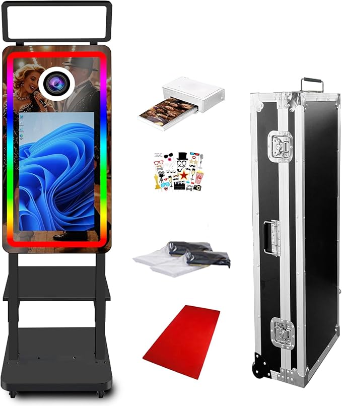 Magic Mirror Photo Booth with Printer, 40in Selfie Mirror Photo Booth with 21.5in Touch Screen with Color Lights, Built-in Mini PC, for Weddings, Parties (Black, with Printer no Camera)