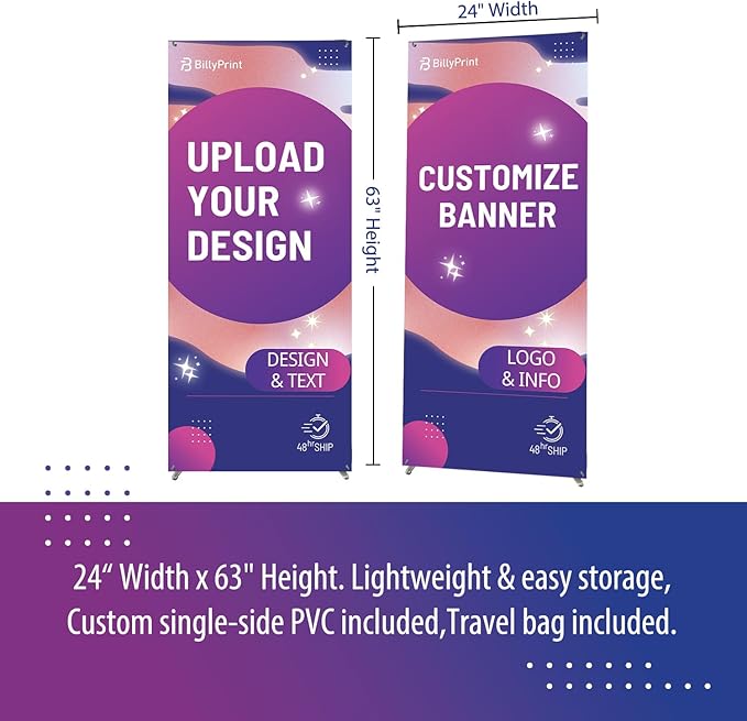 BillyPrint Custom Banner with X Stand (Adjustable 24" x 63") | Personalized X Banner Stand for Advertising, Stores, TradeShow, Restaurant, Event, Birthday & Party | Fast delivery | HD Print With Travel Bag - 1 unit