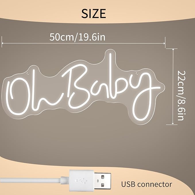 HMT Oh Baby Neon Sign for Backdrop Wall Decor Large Size 19.6×8.6 Inch LED Neon Lights for Baby Shower Decorations Boy and Girl Room Decor LED Light Up Sign for Party Decorations Photo Prop USB (White)