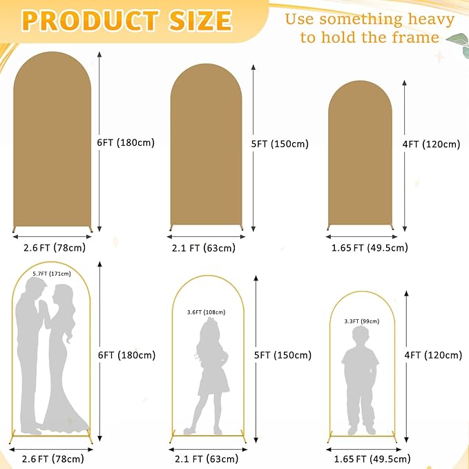 Arch Backdrop Stand with Cover Set of 3 Tan Wedding Arch Covers Metal Arch Stand and Cover Set 4&5&6ft Gold Wedding Arch Stand Balloon Arched Frame for Banquet Event Party Ceremony Reception