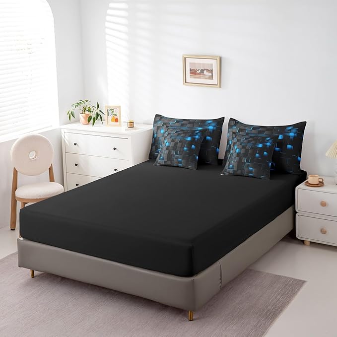 Feelyou Blue and Black Bedding Set Twin Size Kids Light Geometric Comforter Set with Sheets 7 Piece Bed in a Bag forModern Bed Set with Comforter,Sheets,Pillowcases,Cushion Covers