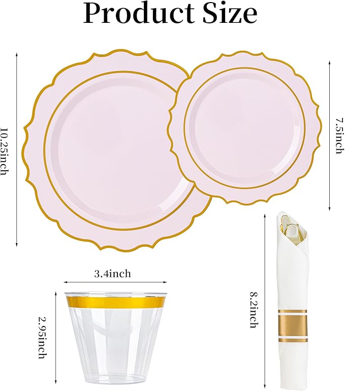 350PCS Pink Plastic Plates, Gold Plastic Dinnerware Sets for 50 Guests, Include 100 Disposable Plates, 50 Cups and 50 Pre Rolled Napkins with 150 PCS Gold Silverware for Party and Wedding