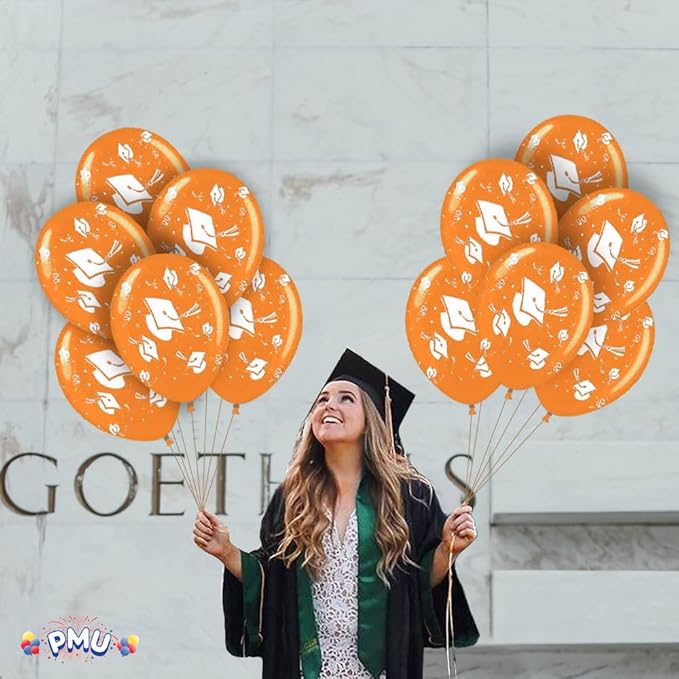 PMU 100 Pcs Orange Graduation Balloons Class of 2025 with All-Over Print White Grad Caps-Confetti and Streamers | Graduation Party Supplies | Congratulations Grad Latex Balloons Latex