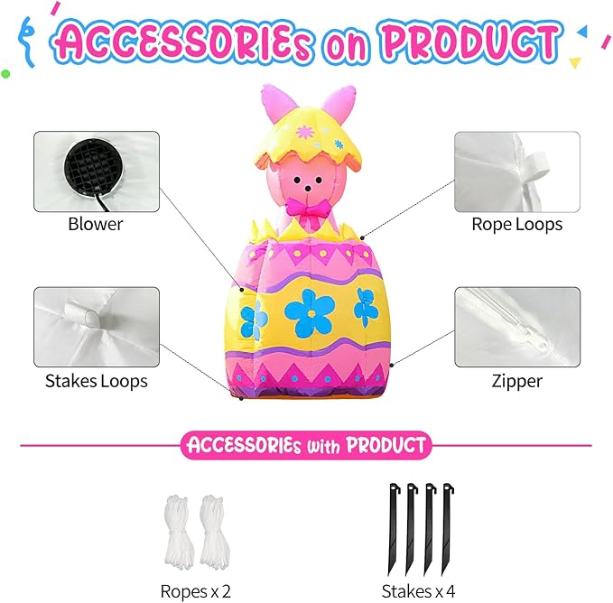 Domkom Up & Down 5.3FT Tall Easter Inflatable Bunny Outdoor Decorations, Build-in LED Lights Holiday Blow Up Yard Decoration, for Easter&Spring, Outdoor,Garden, Yard Lawn Décor