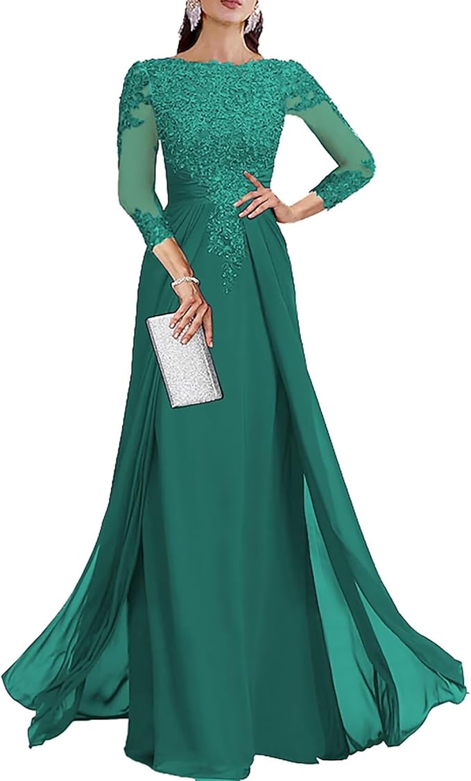 Long Sleeve Mother of The Bride Dresses for Wedding Lace Appliques Chiffon Formal Dress He6052