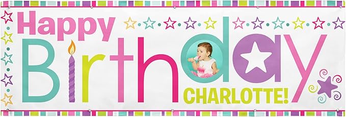 Let's Make Memories Personalized Birthday Banner - Kids Party Decorations - Custom Happy Birthday Banner - Indoor/Outdoor Vinyl - Any Text and Photo - Pink Multi - 10ft