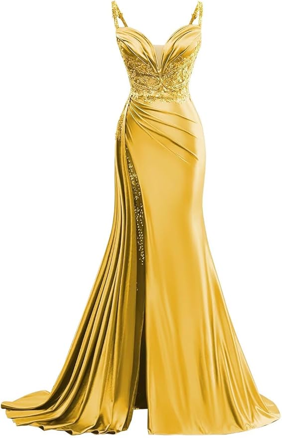 V Neck Satin Prom Dresses Long Mermaid Lace Evening Gown with Slit Pleated Bodycon Formal Dress with Tail