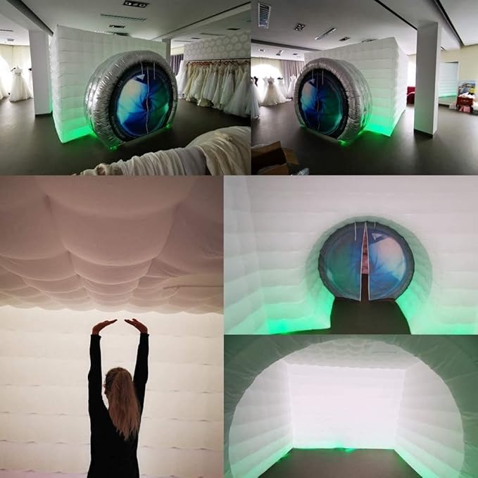 SAYOK Inflatable Photo Booth with Lights, Portable Camera Shaped Cube Tent with Blower, 11.5x9.2x8.2ft (White/Silver), Backdrop for Wedding Events, Parties, Exhibitions