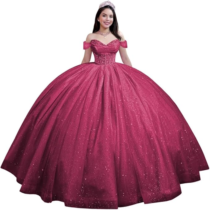 Youjiayi Glitter Tulle Quinceanera Dresses with Train Off Shoulder Beaded Sweet 16 Dresses Pleated Long Ball Gown for Women