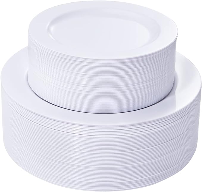 FLOWERCAT 100PCS White Plastic Plates-Heavy Duty White Disposable Plates for Christmas/Easter/Party/Wedding -Serve 50 guests 10.25inch & 7.5inch