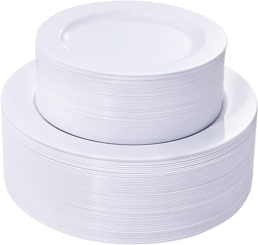 FLOWERCAT 100PCS White Plastic Plates-Heavy Duty White Disposable Plates for Christmas/Easter/Party/Wedding -Serve 50 guests 10.25inch & 7.5inch
