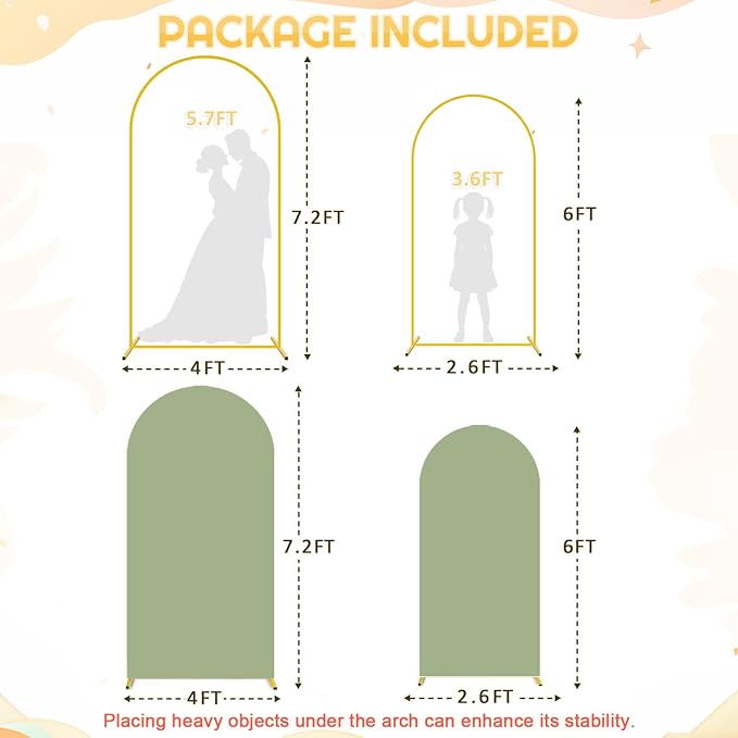 FUHSY Wedding Metal Arch Backdrop Stand with Sage Green Arch Cover 7.2FT, 6FT Balloon Arches Stand and Cover Set of 2 Spandex Arched Backdrop Covers for Birthday Party Baby Shower Ceremony Arbor Decor
