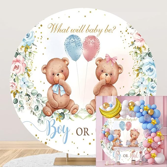 Leyiyi 5.5x5.5ft Boy or Girl Baby Shower Round Backdrop Golden Dots What Will Baby Be Lovely Bear Background for Photography Watercolor Floral Balloons Newborn Gender Reveal Party Cake Table Banner