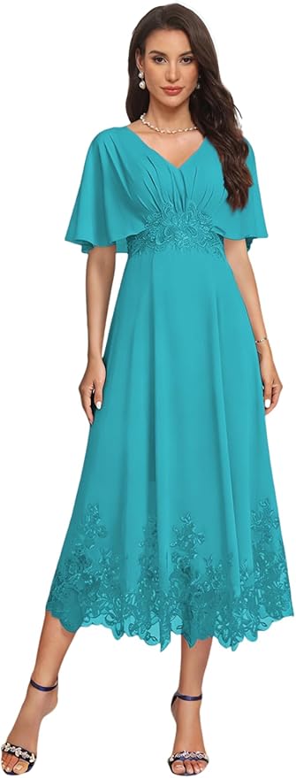 Tea Length Mother of The Bride Dress with Sleeves Laces Formal Evening Gowns for Wedding V Neck Wedding Guest Gown ZMX37