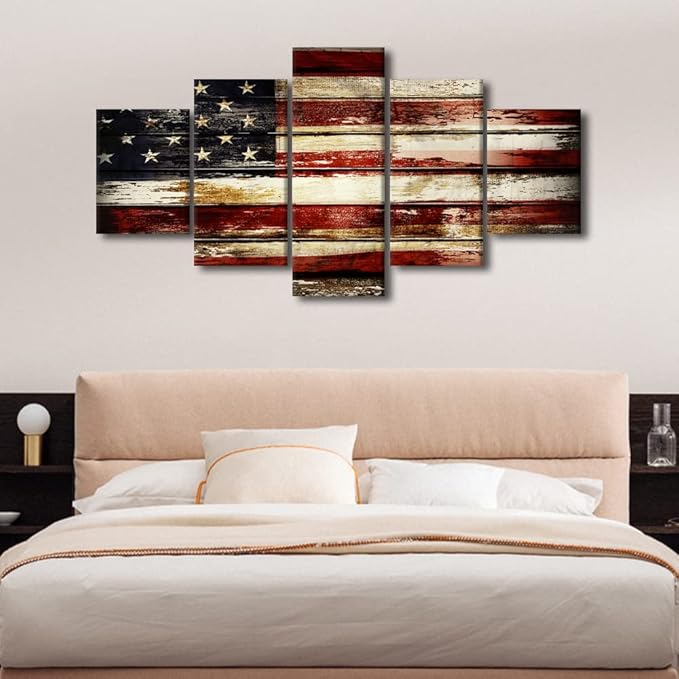 Art Work for Home Walls Native American Flag Decor Retro Paintings Star&Stripe Pictures for Living Room 5 Panel Canvas USA Artwork Home Decor Giclee Wooden Framed Stretched Ready to Hang 60x32 in