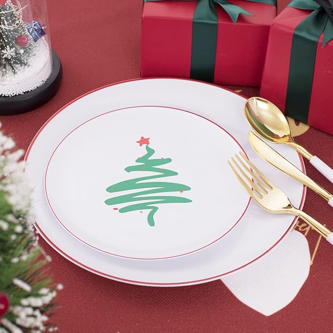 LIYH 150 Pcs Plastic Christmas Disposable Dinnerware Set, Disposable Christmas Plastic Plates with Red Rim, Gold Cutlery with White Handle, Tableware Dishes for Xmas Day 30 Guests