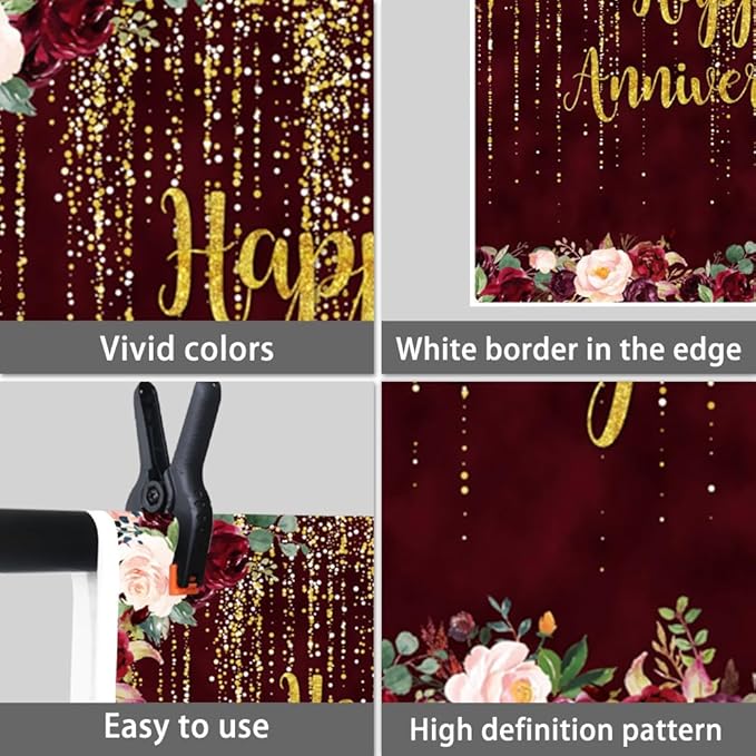 8x8ft Happy Anniversary Backdrop, Gold Glitter Burgundy Wedding Anniversary Photography Background 1st 40th 50th 65th Couple Wedding Women Birthday Floral Party Decorations Cake Table Decor